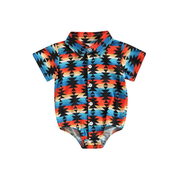 Western Baby Boy Clothes Geometry Print Shirt Romper Infant Long Sleeve Button Down Bodysuit Onesie Gentleman Outfit