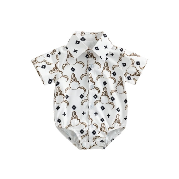 Western Baby Boy Clothes Graphic Print Onesie Dress Shirt Short Sleeve Button Down Romper Bodysuit Top Boho Cowboy Outfit