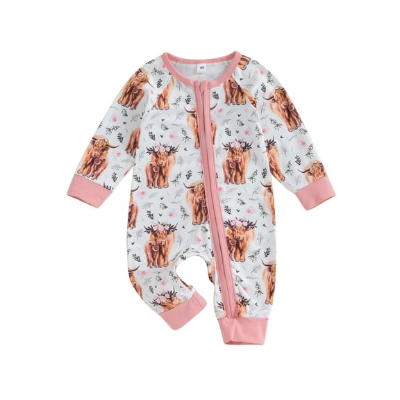 Western Baby Boy Girl Clothes Cow Print Jumpsuit Crewneck One Piece Zipper Romper Bodysuit Fall Winter Clothes