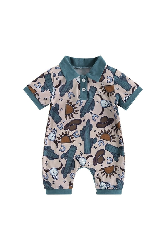 Western Baby Boy Summer Infant Cow Print Polo Romper Shorts Jumpsuit One Piece Outfits Cowboy Country Clothing 3 6 12 18 Months