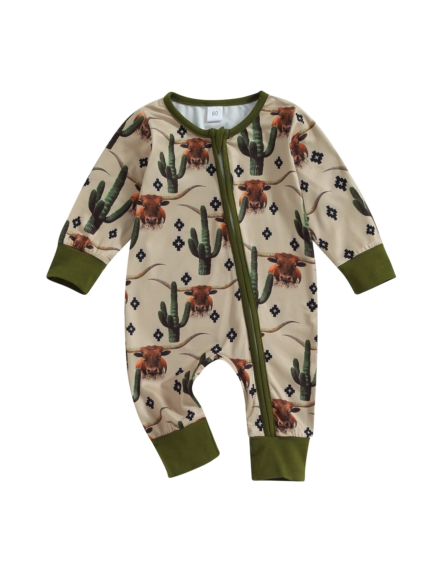 Western Baby Boys Clothes Long Sleeve Cow/Horse Print Romper Zipper