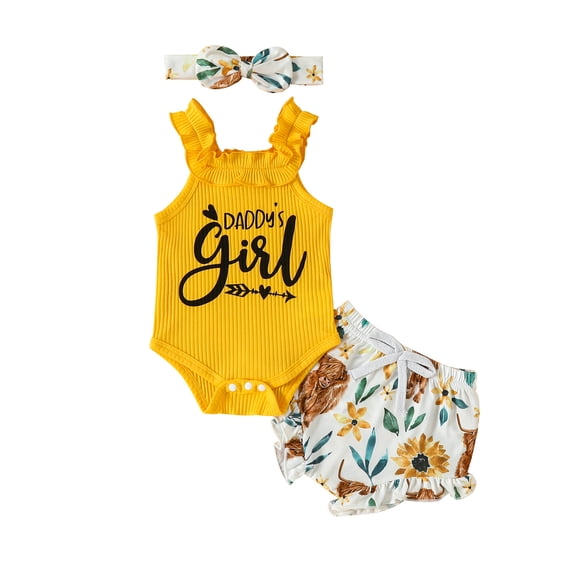 Western Baby Girl Clothes Letter Print Ruffle Sleeveless Romper Cow Floral Print Shorts Headband Summer Outfit