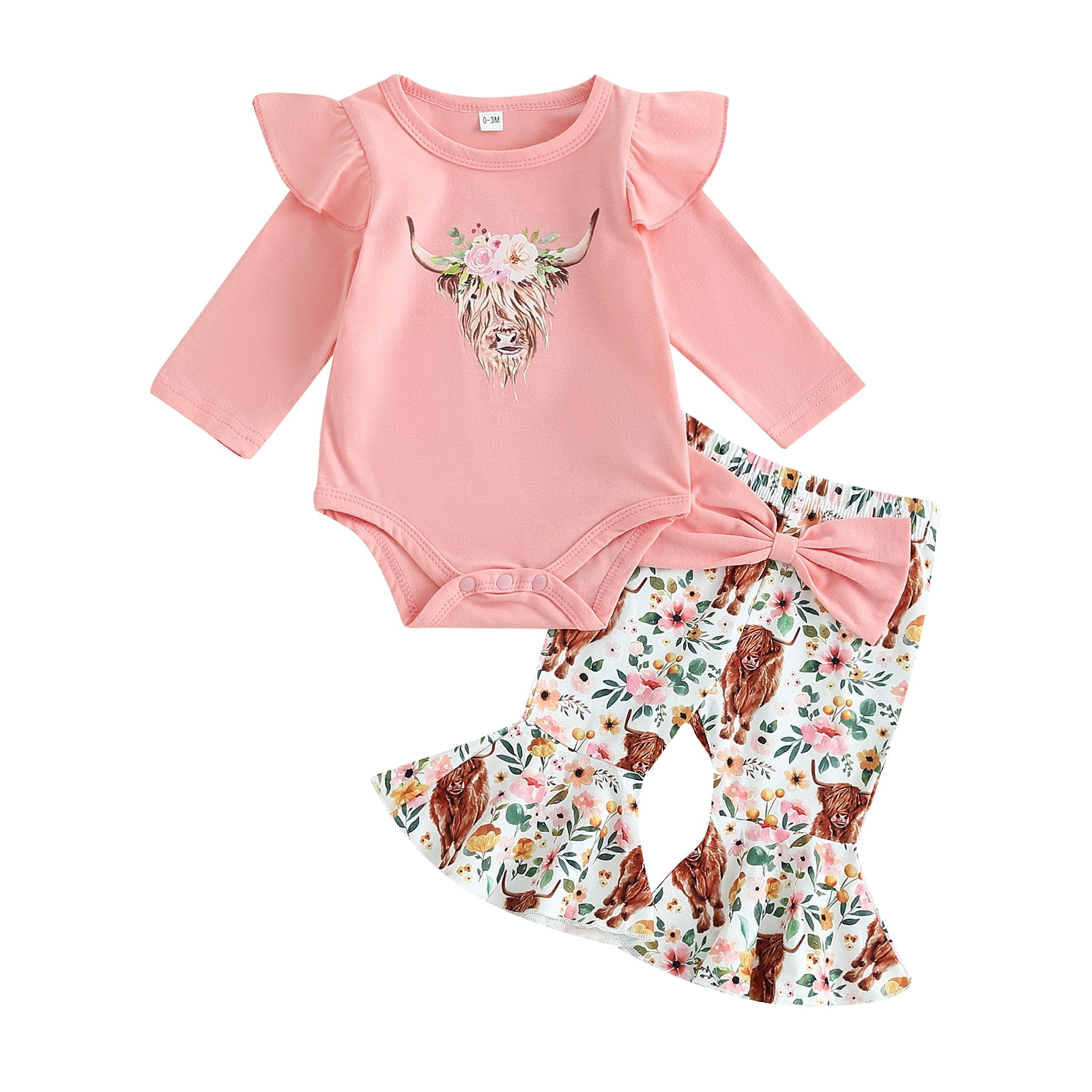 Western Baby Girl Clothes Ruffle Romper 3M 6M 9M 12M 18M Cow Print Bell Bottoms Cowgirl Outfits for Girls Newborn Cute 2Pcs Set Walmart