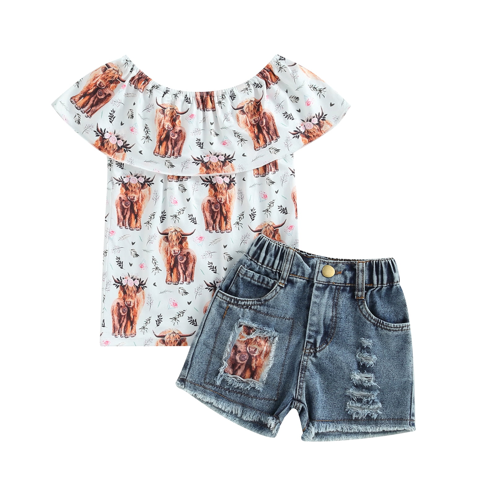 Western Baby Girls Clothes Cow Print Summer Tops and Elastic Ripped ...