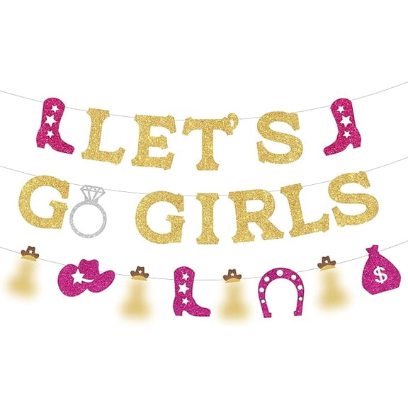 Western Bachelorette Party Decorations, Lets Go Girls Banner Funny Cowgirl Garland Glitter for Western Cowgirl West Wild Bridal Shower, Engagement, Wedding