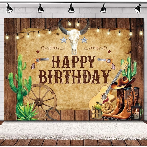 Western Backdrop Cowboy Happy Birthday Rustic Wooden Board Cactus Rodeo Brown Hat Plant Country Wild West Men Boy Bday Party Decorations Photography Background Banner Photo Booth Studio