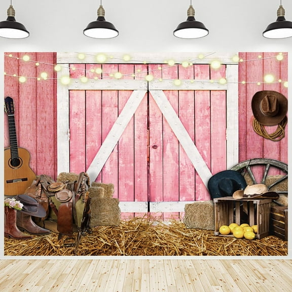 Western Backdrop Rustic Pink Wooden House Barn Door Wild West Photography Background for Birthday Rodeo Cowboy Party Decorations Banner Supplies Photo Booth Props