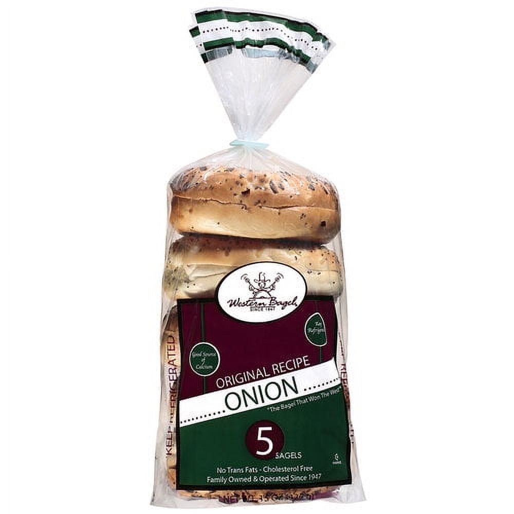 Western Bagel Original Recipe Onion Bagels  Soft Wheat Bagels with Onion & Poppy Seeds  15 oz, 5 Count