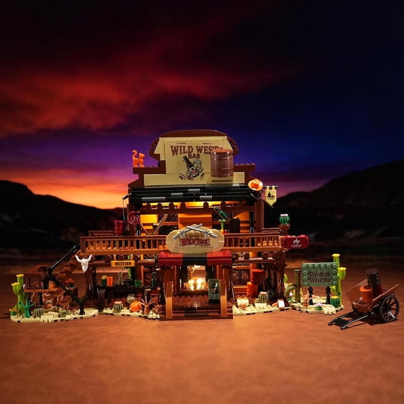 Western Bar Building Blocks with LED Lights, Wild West Saloon Architecture Model, Modular Old West Building Set for Adults, Detailed Desert Themed Collectible Display (1902 pcs)
