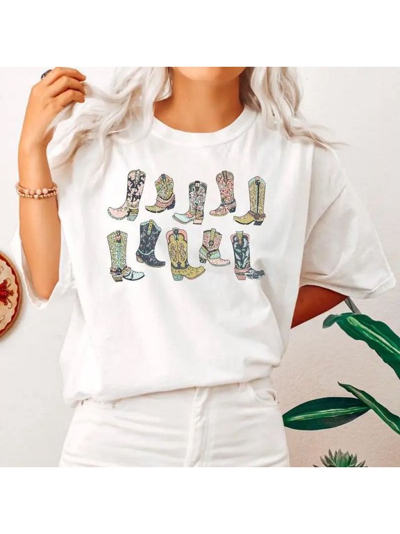 Western Bar Hopping Tee - Retro Boot Graphic Cotton Shirt Women's Relaxed Fit for Southern Style & Gift Giving