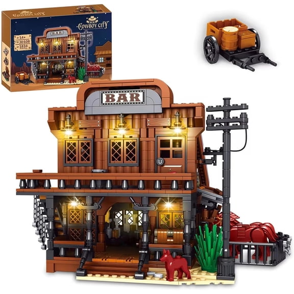 Western Bar Modular Building Set, Wild West Cowboys Cabin with Horses & LED Lights, Collection House for West Enthusiasts (1834 PCS)