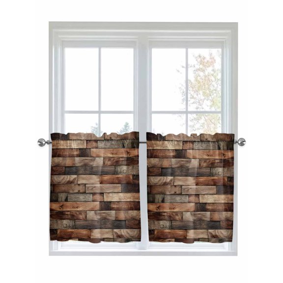 Western Barn Door 2 Panel Kitchen Curtains for Small Windows, Vintage Farmhouses Wooden Door Brown Bathroom Tier Curtain, Short Window Treatment for Bedroom/Living Room 55"x36"