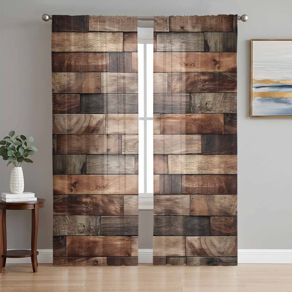 Western Barn Door Sheer Curtains 96 Inch Length 2 Panels, Vintage Farmhouses Wooden Door Brown Light Filter Drapes for Living Room Bedroom Window Treatments, Rod Pocket Privacy Semi Sheer Curtains