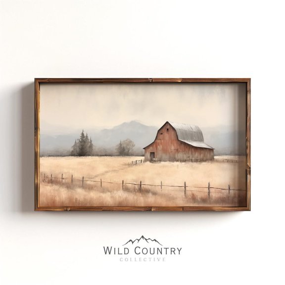 Western Barn Landscape For Farmhouse Rustic Red And Beige Picture In Montana Mountain Range Moody Wall Art Print, Bedroom And Home Decor