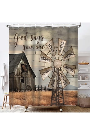 Western Barn Windmill Shower Curtain Sets for Bathroom,Rustic Inspirational Quotes Country Vintage Shower Curtains, Waterproof Farmhouse Bathroom Bathbub Decor Curtains with Hooks 72x72IN