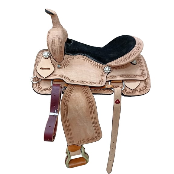 Western Barrel Roughout Leather Horse Saddle Hand Tooled Black Suede Seat 10" Inch