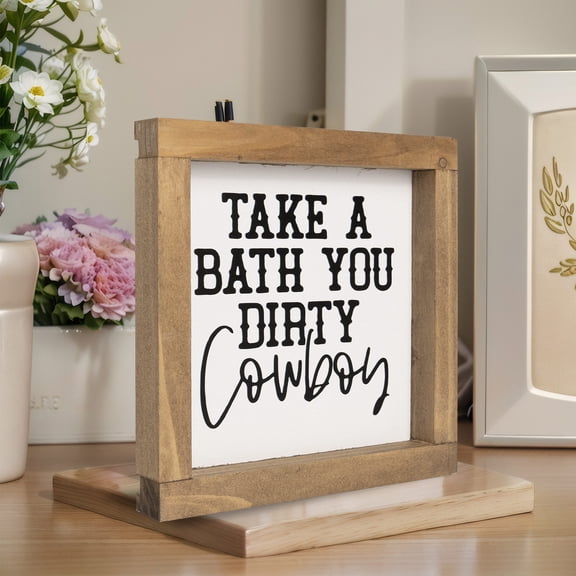 Western Bathroom Decor Southwestern Wall Art, Wooden Take A Bath You Dirty Cowboy Signs, White Home Shelf Table Rustic Decoration