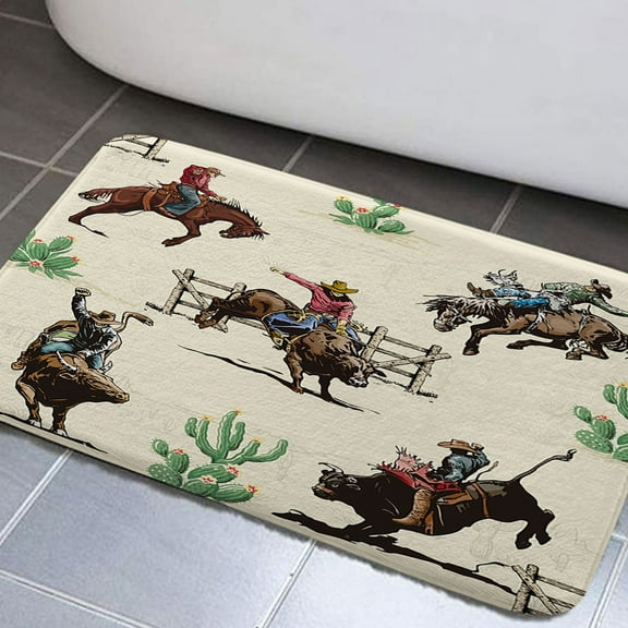 Western Bathroom Rugs Wild Horse Desert Cactus Non-Slip Bath Rugs Farmhouse Country Bathroom Rugs Set American Wild West Desert with Cowboys Bathroom Rug Mat 17x29inch, Soft and Absorbent Bath Rugs