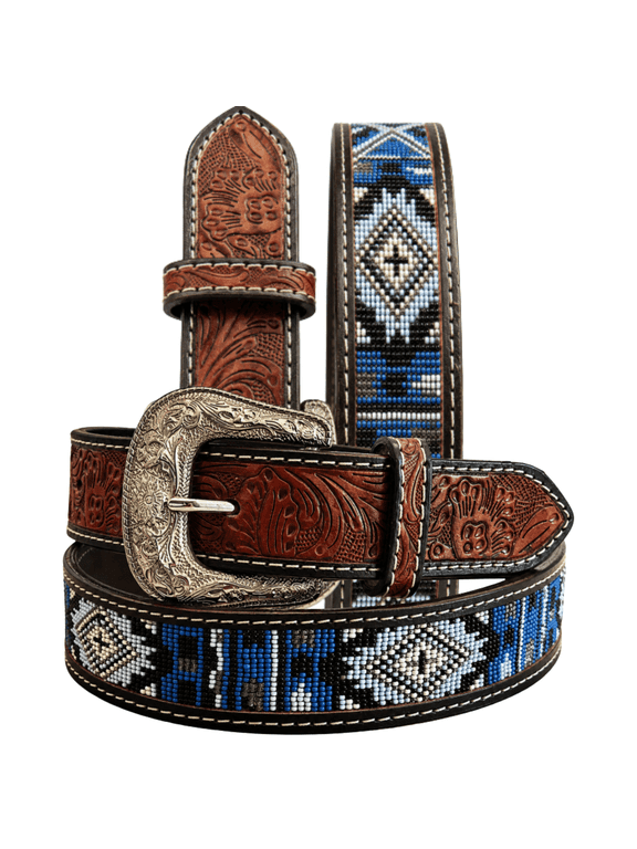 Western Beaded Belt Full Grain Leather Cowboy Cowgirl Tooled Belt for Men Women 1.5 Inch