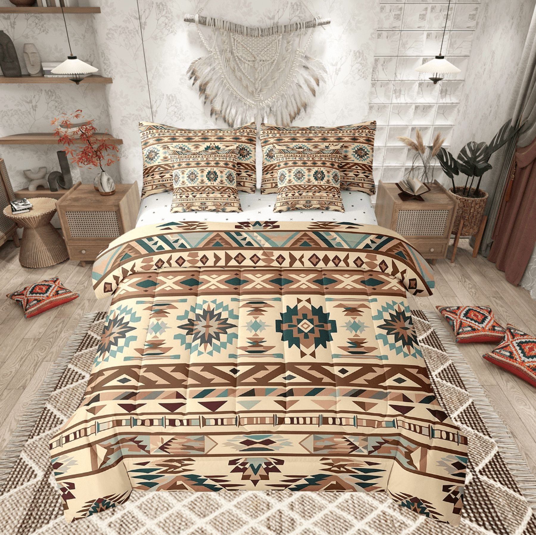 Erosebridal Western Comforter King Size Bed in a Bag 7 Pieces,Southwestern Bed Set with Comforter, Aztec Comforter Sets, Triangle Bed Set Vintage Stripes Western Home Decor