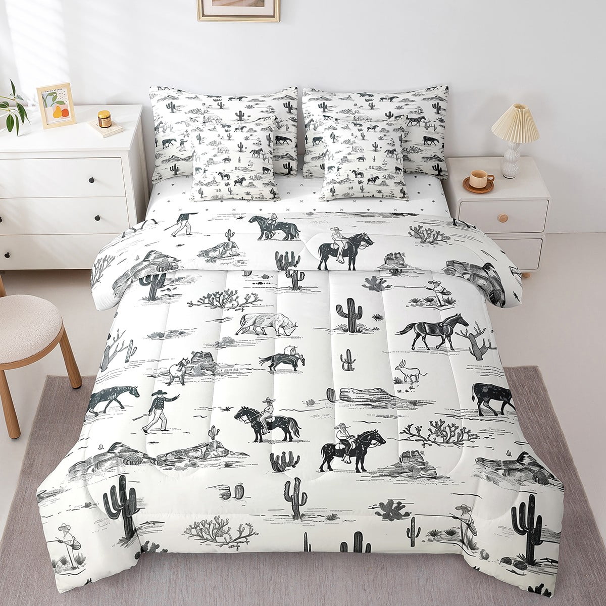 Western Bed in a Bag Queen Comforter Set 7 Piece,Black and White Sketch ...