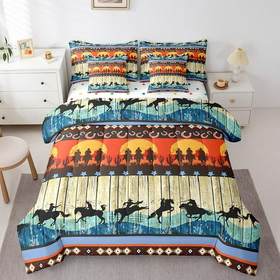 Western Bed in a Bag Queen Comforter Set 7 Piece,Vintage Sunset Bedding Sets Cowboys Gifts for Men Horseshoe Sheet Set with Comforter Equestrian Country Western Room Decor