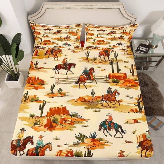 Western Bed Sheets Twin,Southwest Cowboy Fitted Sheet,American West Desert Cactus Bedding Set,Rustic Farmhouse Sheets Country Farm Bed Set(No Top Sheet)