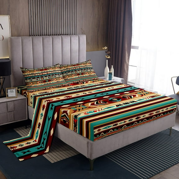 Western Bed Sheets Set Geometric Aztec Sheet Set Full,Southwestern Sheets Exotic Tribal Arrow Fitted Sheet,Geometry Triangle Western Room Decor