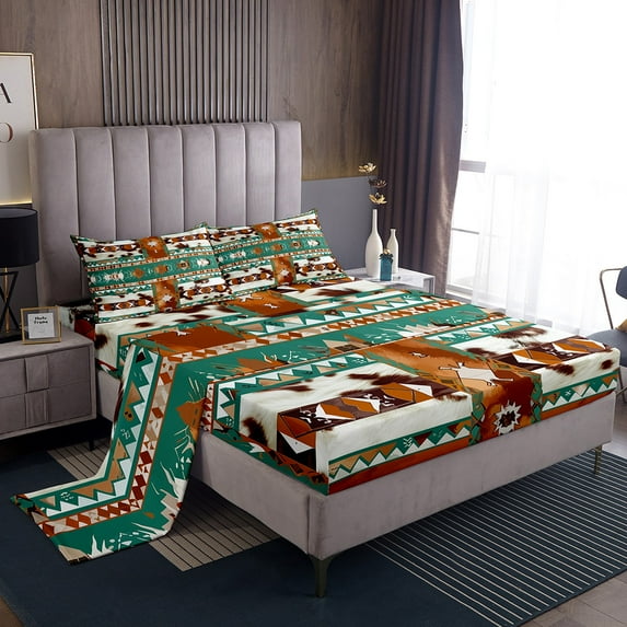 Western Bed Sheets Set Geometric Aztec Sheet Set Twin,Southwestern Sheets Vintage Cowhide Bedding Set,Cow Print Western Decor for Home