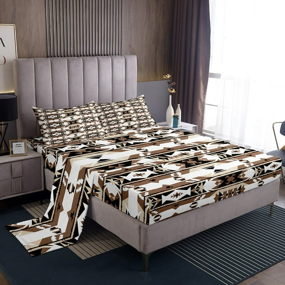Western Bed Sheets Set Southwestern Sheets,Geometric Aztec Sheet Set Full,Exotic Tribe Arrow Fitted Sheet Bohemian Geometry Western Room Decor