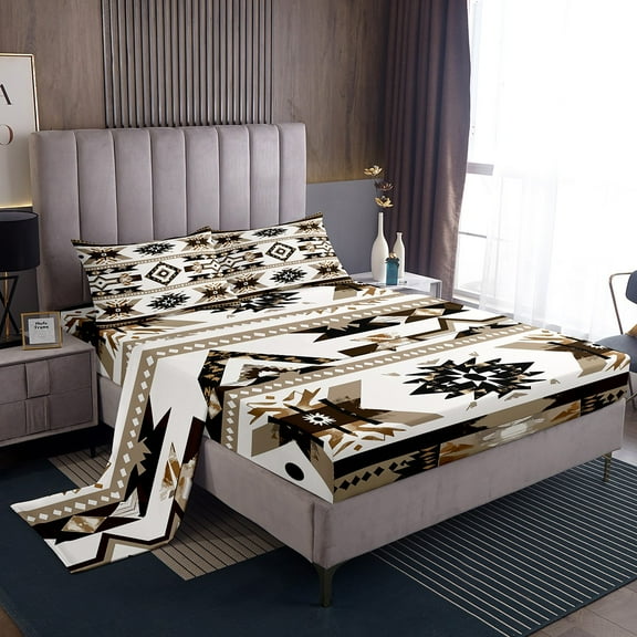 Western Bed Sheets Set Southwestern Sheets,Geometric Aztec Sheet Set Twin,Indian Tribal Geometry Bedding Set Vintage Arrow Western Bedroom Decor