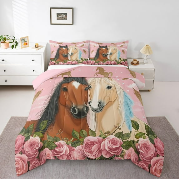Western Bedding Set Adults,Horse Full Comforter Set,Pink Cowgirl Bedding Comforter Sets,Rose Florals Bed Set Horse Decor Room (Pink Reversible)