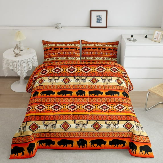 Western Bedding Set Full,Longhorn Skull Southwestern Comforter Set Ethnic Tribe Aztec Quilt Highland Cow Farm Animals Duvet Insert,Boho Indian Geometry Triangle Diamond Western Decor,Orange