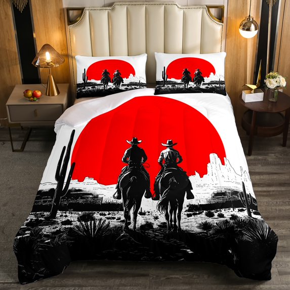 Western Bedding Sets Full,Horse Comforter Set Tropical Cactus Red Sun Quilt,Cowboys Gifts for Women Cowboy Western Decor for Home,Black and White