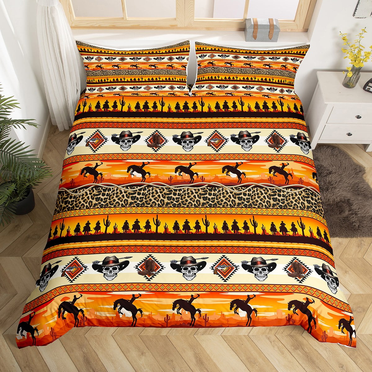 Western Bedding Sets Queen,Cowboys Gifts Horse Duvet Cover Brown