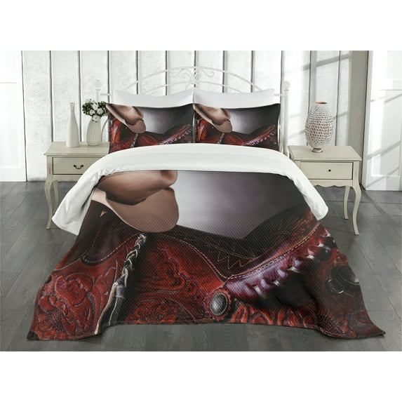 Western Bedspread, Horse Saddle with a Cowboy Hat Wild Texas Fashion States Men Whip It Photography, Decorative Quilted 3 Piece Coverlet Set with 2 Pillow Shams, King Size, Brown Cream, by Ambesonne
