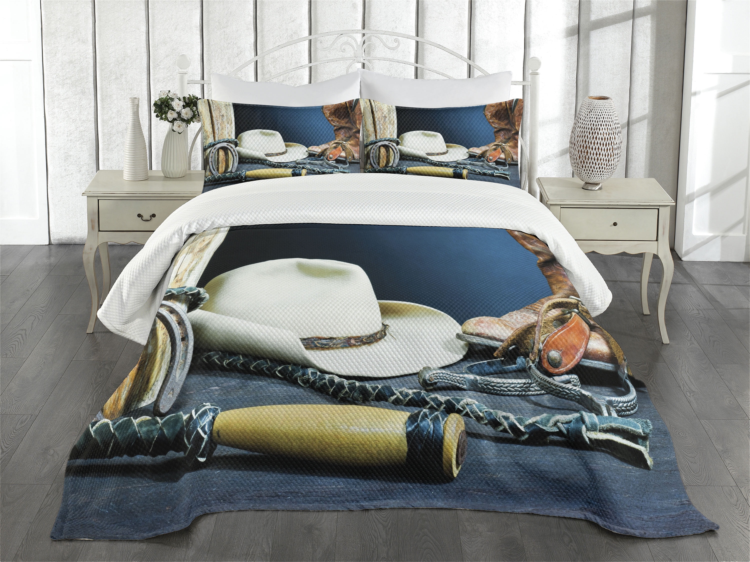 Western Bedspread Set King Size, Equestrian Backdrop with Antique