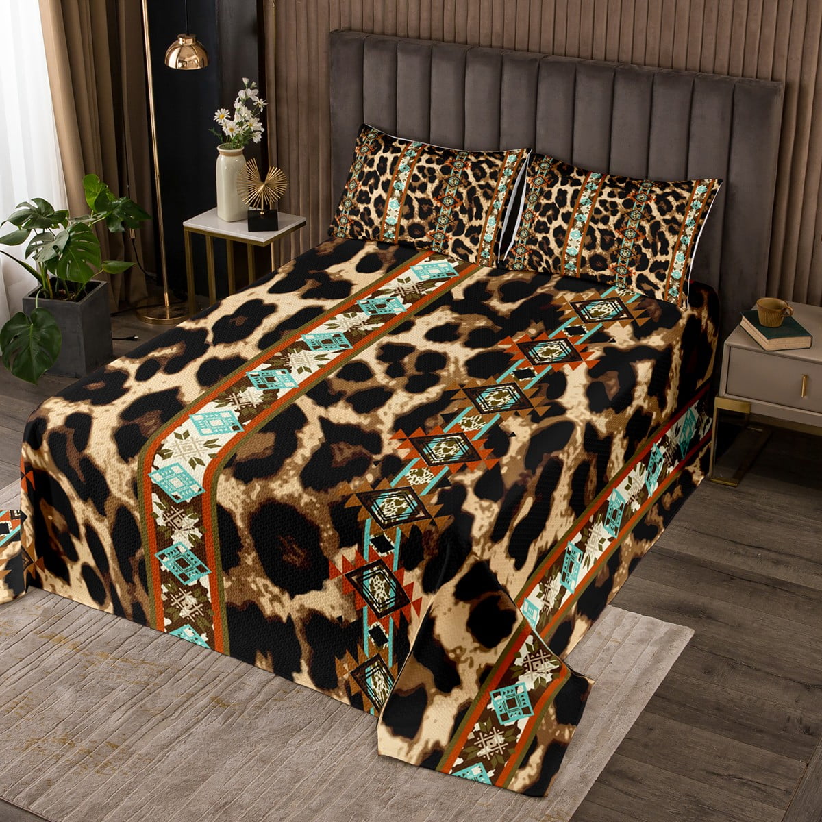 Western Bedspread Set Queen Leopard Print Quilt Set,Cheetah Skin Hair