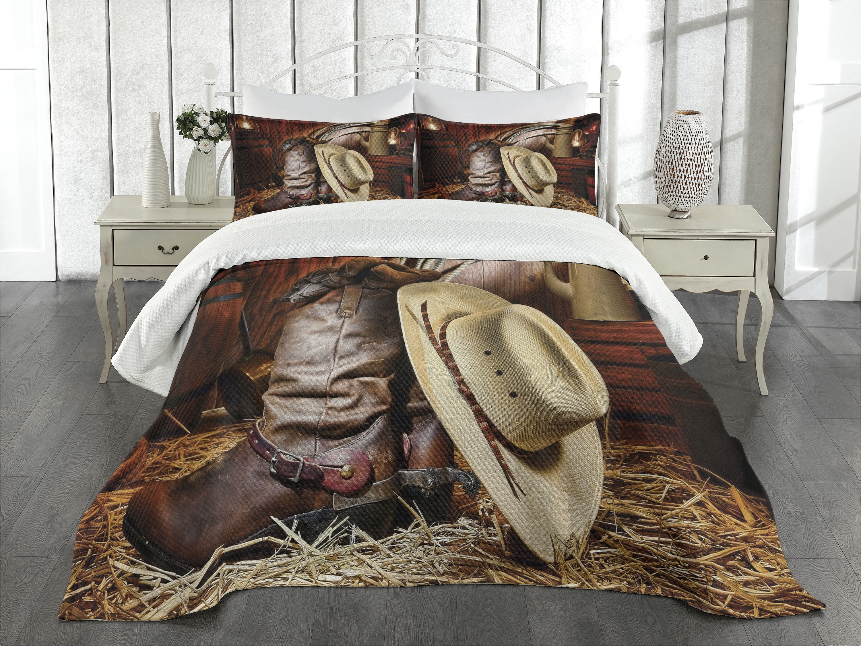 Western Bedspread Set Queen Size, Authentic American West Rodeo