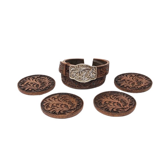 Western Belt Buckle Coaster Set – Faux Tooled Leather Scroll Pattern Resin Coasters with Silver Buckle Design – Rustic Cowboy Home Décor, Set of 4 with Holder