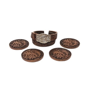 Western Belt Buckle Coaster Set Faux Tooled Leather Scroll Pattern Resin Coasters with Silver Buckle Design Rustic Cowboy Home Dcor, Set of 4 with Holder