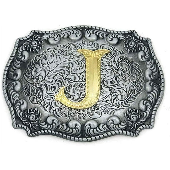 Western Belt Buckle Initial Letters ABCDEFG to Y-Cowboy Rodeo Silver Large Belt Buckle for Men and Women