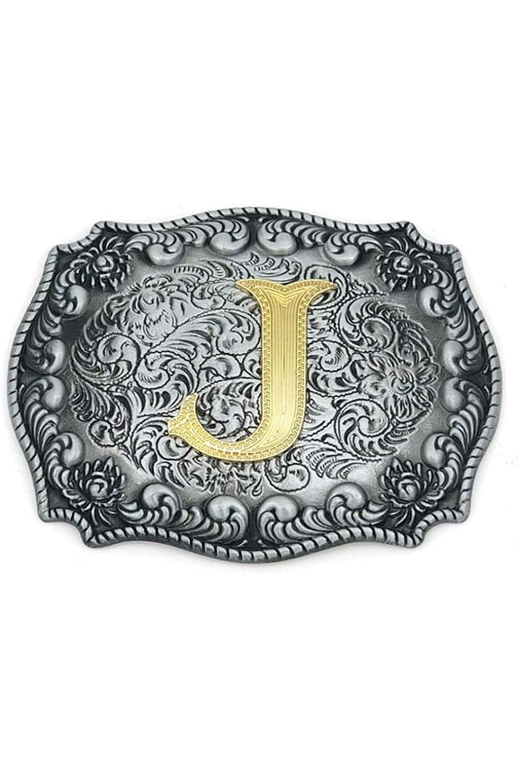 Western Belt Buckle Initial Letters ABCDEFG to Y-Cowboy Rodeo Silver Large Belt Buckle for Men and Women