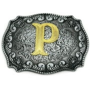 Western Belt Buckle Initial Letters ABCDEFG to Y-Cowboy Rodeo Silver Large Belt Buckle for Men and Women