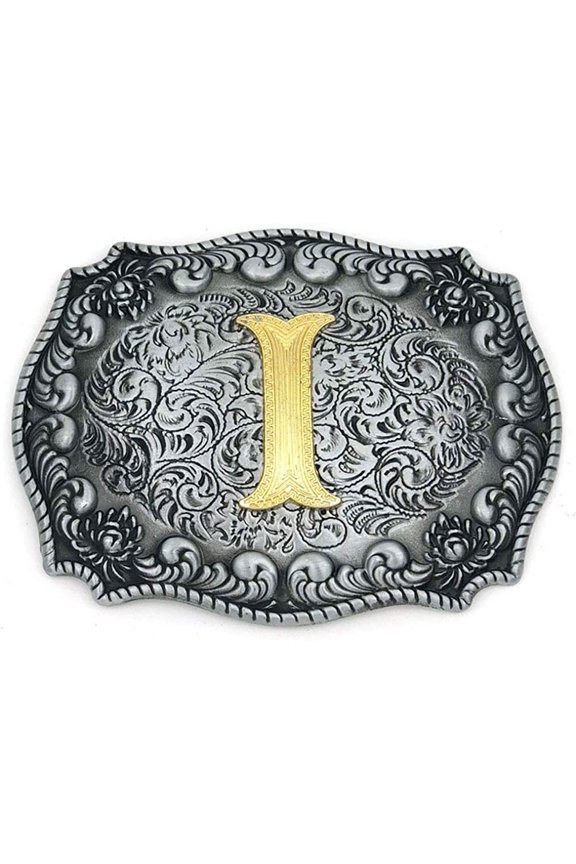 Western Belt Buckle Initial Letters ABCDEFG to Y-Cowboy Rodeo Silver Large Belt Buckle for Men and Women