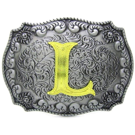 Western Belt Buckle Initial Letters ABCDEFG to Y-Cowboy Rodeo Silver Large Belt Buckle for Men and Women