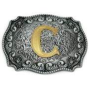 Western Belt Buckle Initial Letters ABCDEFG to Y-Cowboy Rodeo Silver Large Belt Buckle for Men and Women