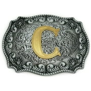 Western Belt Buckle Initial Letters ABCDEFG to Y-Cowboy Rodeo Silver Large Belt Buckle for Men and Women