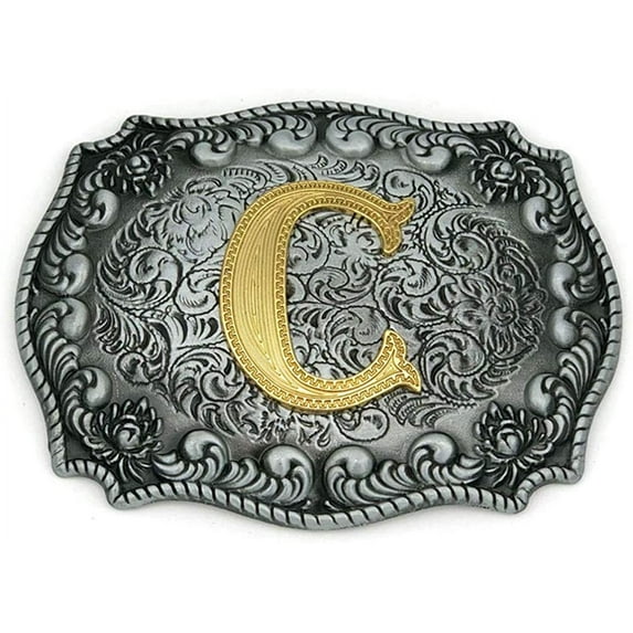 Western Belt Buckle Initial Letters ABCDEFG to Y-Cowboy Rodeo Silver Large Belt Buckle for Men and Women