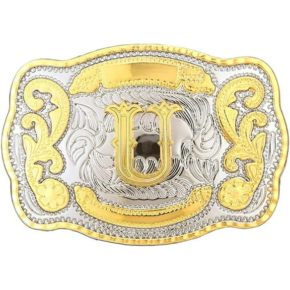Western Belt Buckle Initial Letters ABCDJST to Z Cowboy Rodeo Large Gold Belt Buckles for Men Women